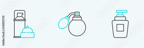 Set line Bottle of shampoo, Shaving gel foam and Aftershave bottle with atomizer icon. Vector