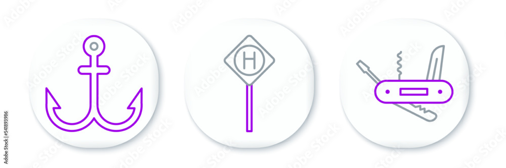 Set line Swiss army knife, Anchor and Parking icon. Vector