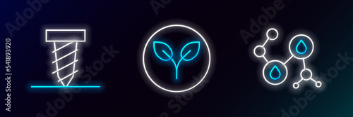 Set line Molecule oil, Rotating drill digging a hole and Bio fuel icon. Glowing neon. Vector