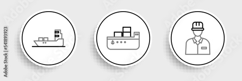 Set line Oilman, tanker ship and icon. Vector