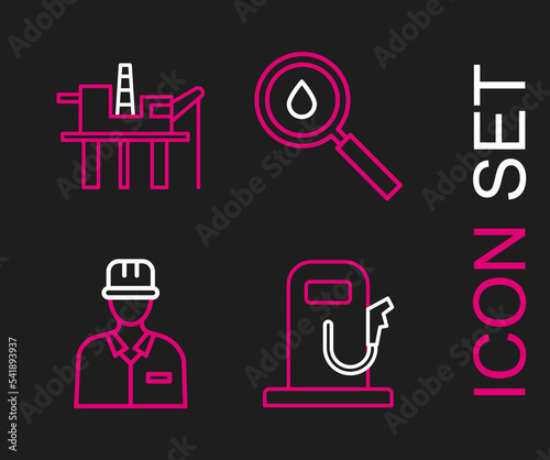 Set line Petrol or gas station, Oilman, drop and platform in the sea icon. Vector