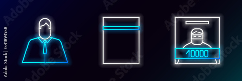 Set line Wanted poster, Lawyer, attorney, jurist and Plastic bag with ziplock icon. Glowing neon. Vector
