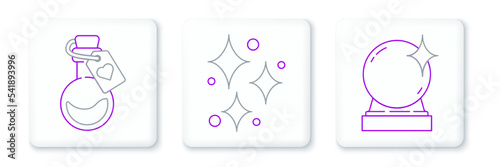 Set line Magic ball, Bottle with love potion and Sparkle stars magical glitter icon. Vector