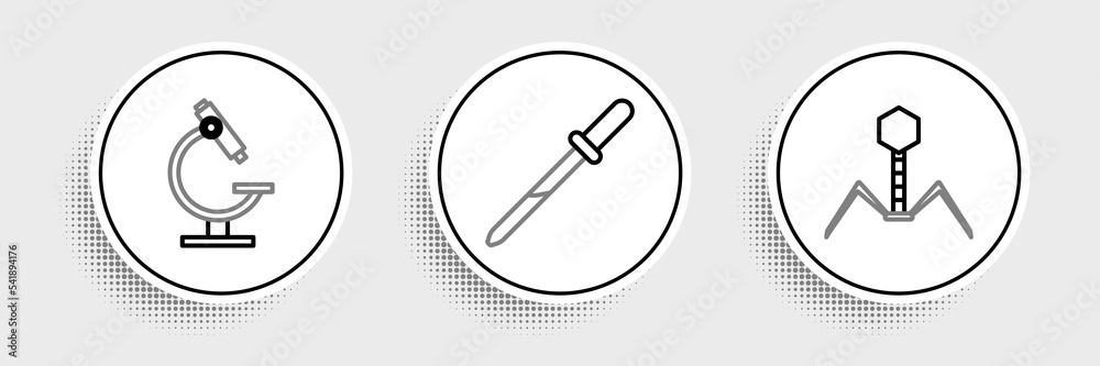 Set line Bacteria bacteriophage, Microscope and Pipette icon. Vector Set line Bacteria bacteriophage, Microscope and Pipette icon. Vector