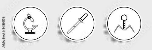 Set line Bacteria bacteriophage, Microscope and Pipette icon. Vector