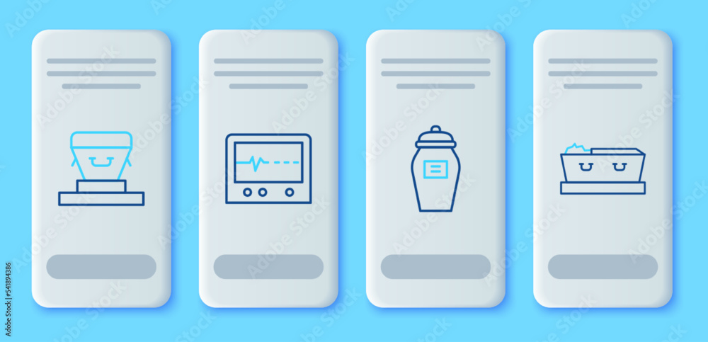 Set line Beat dead in monitor, Funeral urn, Coffin and with icon. Vector Set line Beat dead in monitor, Funeral urn, Coffin and with icon. Vector
