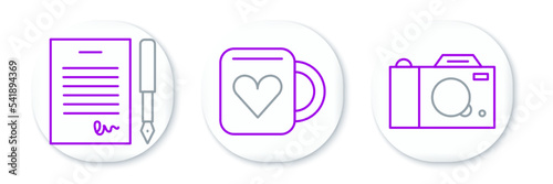 Set line Photo camera, Marriage contract and Coffee cup and heart icon. Vector