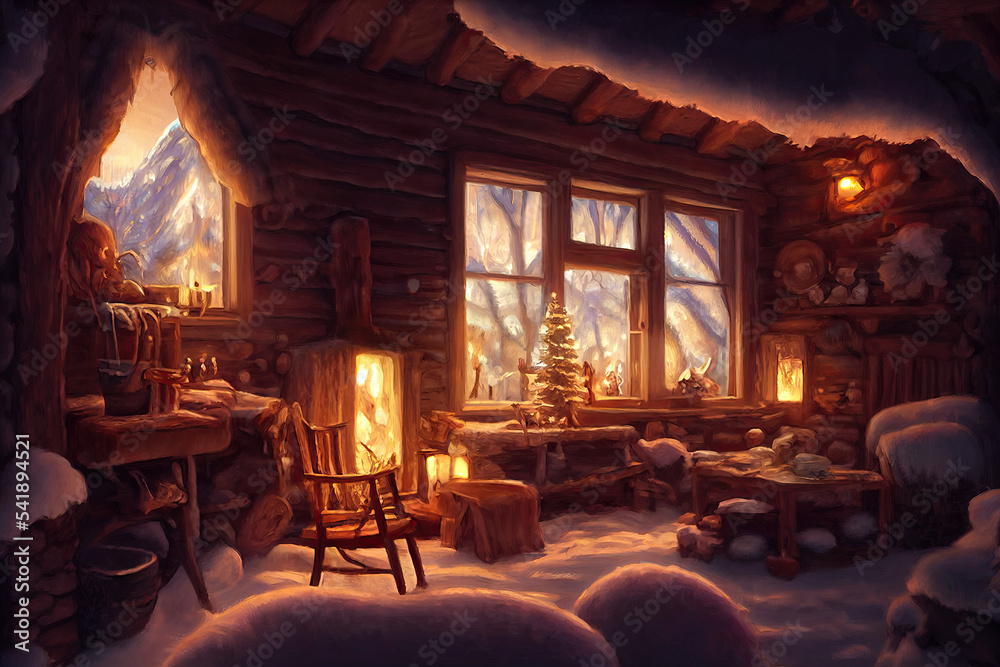 Warm and cozy fireplace in winter log cabin, christmas time, Generative
