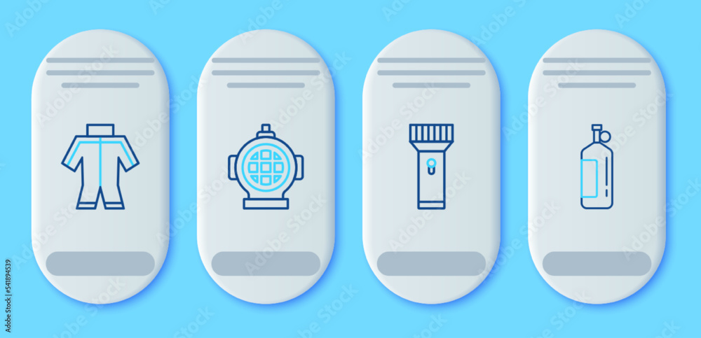 Set line Aqualung, Flashlight, Wetsuit and icon. Vector