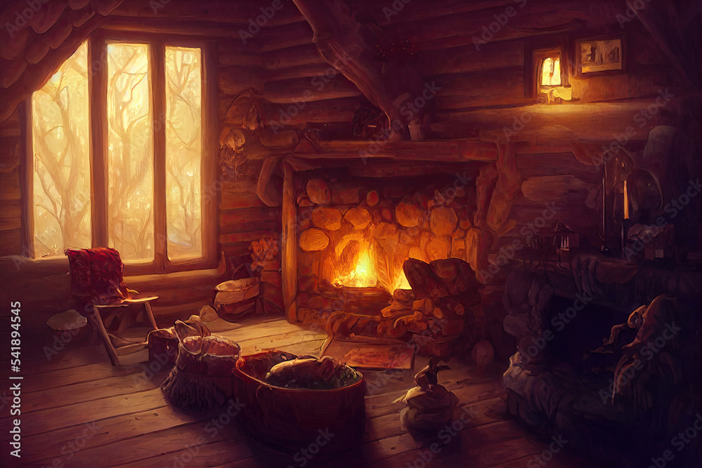 Warm and cozy fireplace in winter log cabin, christmas time