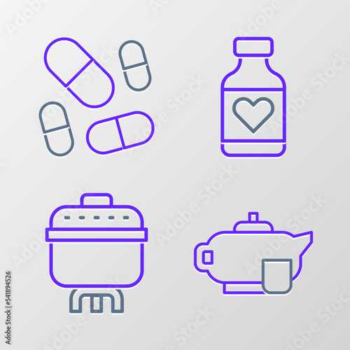 Set line Teapot with cup, Cooking, Vitamin pill and icon. Vector