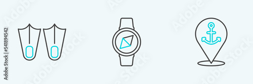 Set line Location with anchor, Rubber flippers and Compass icon. Vector