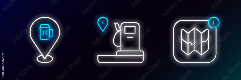 Set line Infographic of city map, Alcohol or beer bar location and Location and gas station icon. Glowing neon. Vector