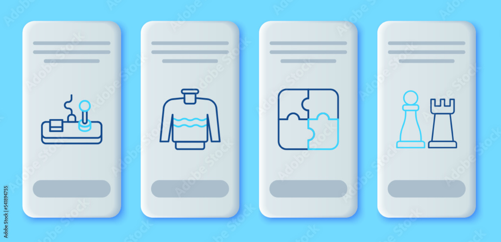 Set line Sweater, Piece of puzzle, Gamepad and Chess icon. Vector