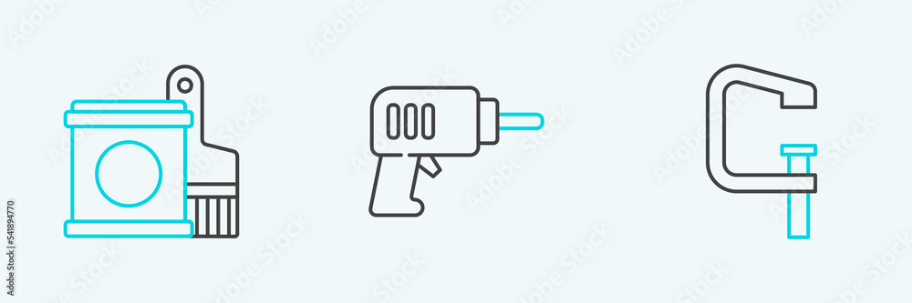 Set line Clamp and screw tool, Paint bucket brush and Electric drill machine icon. Vector Set line Clamp and screw tool, Paint bucket brush and Electric drill machine icon. Vector