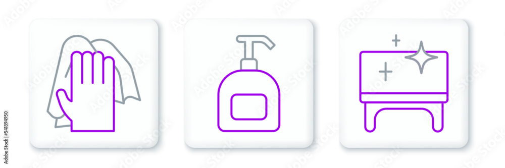 Set line Clean table, Cleaning service and Bottle of liquid soap icon. Vector Set line Clean table, Cleaning service and Bottle of liquid soap icon. Vector