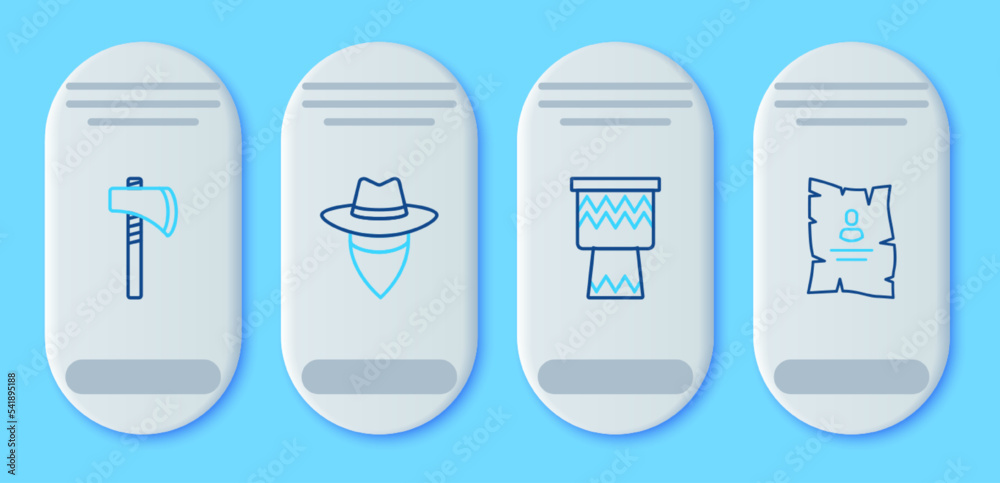 Set line Cowboy, Drum, Tomahawk axe and Wanted western poster icon. Vector Set line Cowboy, Drum, Tomahawk axe and Wanted western poster icon. Vector