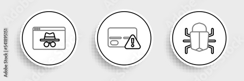 Set line System bug, Browser incognito window and Credit card icon. Vector