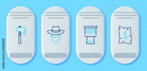 Set line Cowboy, Drum, Tomahawk axe and Wanted western poster icon. Vector