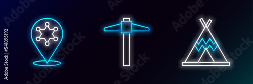 Set line Indian teepee or wigwam, Hexagram sheriff and Pickaxe icon. Glowing neon. Vector