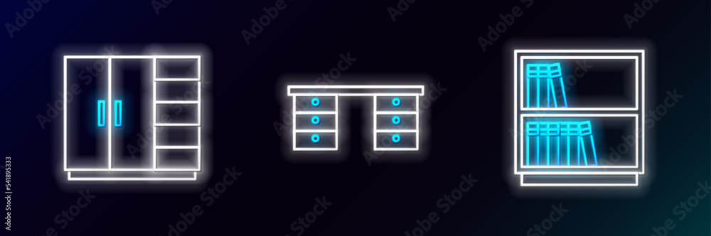 Naklejka premium Set line Library bookshelf, Wardrobe and Office desk icon. Glowing neon. Vector