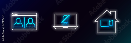 Set line Video camera Off in home, chat conference and Mute microphone laptop icon. Glowing neon. Vector