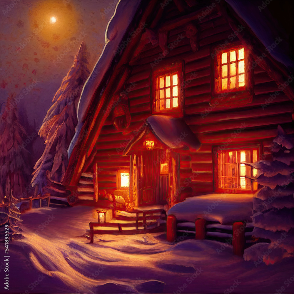 Christmas Fantasy Log Cabin covered in snow, ai generative art, winter ...