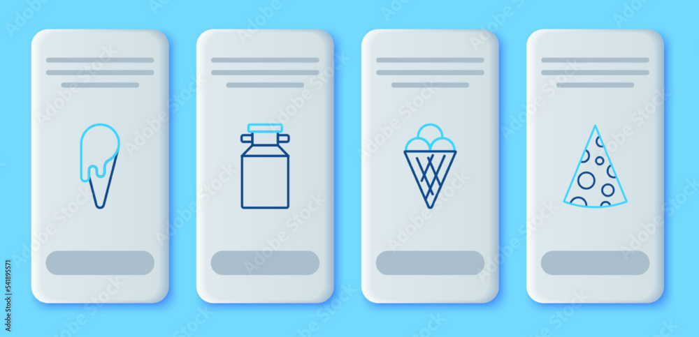 Set line Can container for milk, Ice cream waffle cone, and Cheese icon. Vector