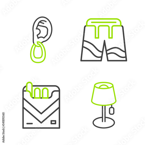 Set line Floor lamp, Cigarettes pack box, Short pants and Ear with earring icon. Vector