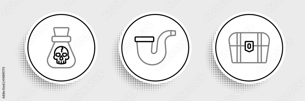 Set line Antique treasure chest, Pirate coin and Smoking pipe icon. Vector Set line Antique treasure chest, Pirate coin and Smoking pipe icon. Vector