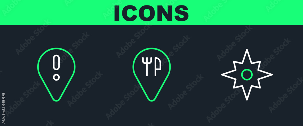 Set line Wind rose, Location with exclamation mark and Cafe and restaurant location icon. Vector Set line Wind rose, Location with exclamation mark and Cafe and restaurant location icon. Vector