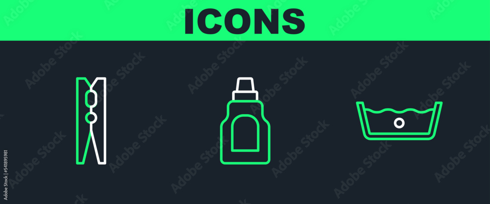 Set line Temperature wash, Clothes pin and Bottle for cleaning agent icon. Vector Set line Temperature wash, Clothes pin and Bottle for cleaning agent icon. Vector
