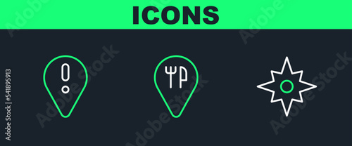 Set line Wind rose, Location with exclamation mark and Cafe and restaurant location icon. Vector