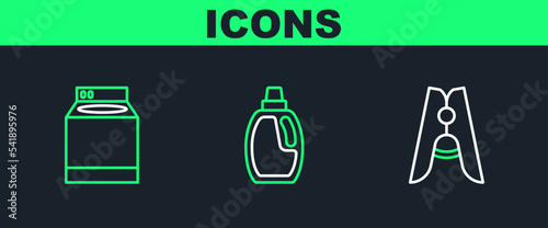 Set line Clothes pin, Washer and Bottle for cleaning agent icon. Vector