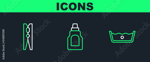 Set line Temperature wash, Clothes pin and Bottle for cleaning agent icon. Vector