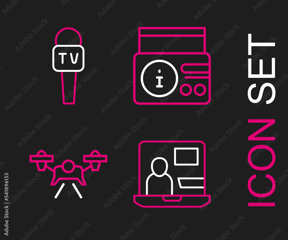 Set line World news, Drone, News radio channel and Microphone icon. Vector Set line World news, Drone, News radio channel and Microphone icon. Vector