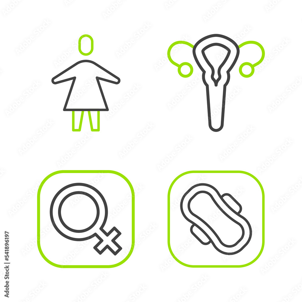 Fototapeta premium Set line Sanitary napkin, Female gender, reproductive system and icon. Vector