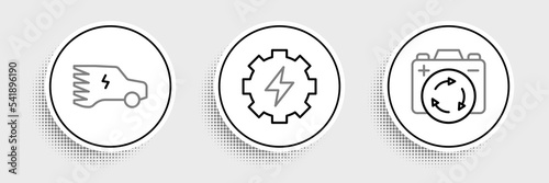 Set line Battery with recycle symbol, Electric car and Gear and lightning icon. Vector