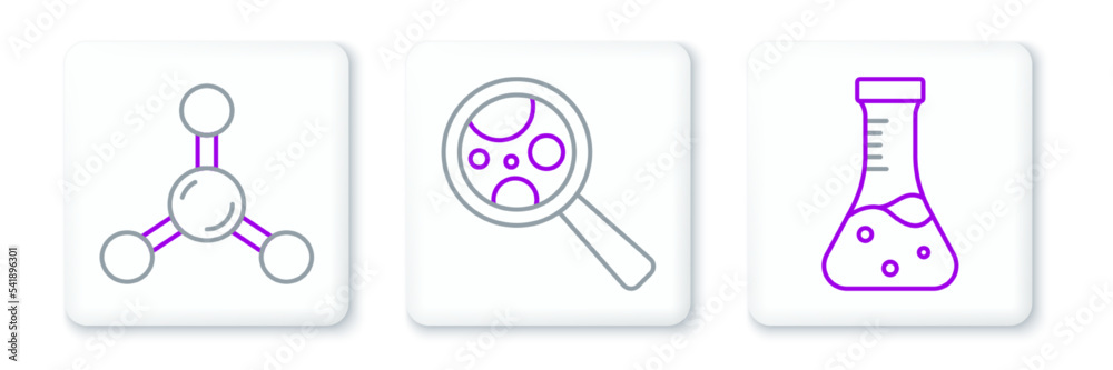Set line Test tube, Molecule and Microorganisms under magnifier icon. Vector Set line Test tube, Molecule and Microorganisms under magnifier icon. Vector