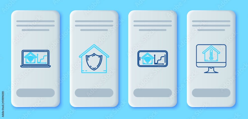 Set line House under protection, Mobile phone with smart home with wi-fi, Laptop and Computer monitor house temperature icon. Vector