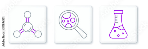 Set line Test tube, Molecule and Microorganisms under magnifier icon. Vector