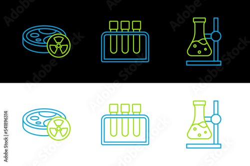 Set line Test tube flask on stand, with toxic liquid and icon. Vector