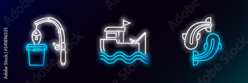 Fotobehang Set line Fish, Fishing rod and fish and boat with fishing on water icon