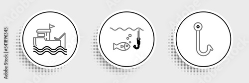 Set line Fishing hook, boat with fishing rod on water and under icon. Vector