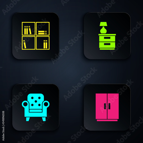 Set Wardrobe, Shelf with books, Armchair and Furniture nightstand lamp. Black square button. Vector