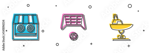 Set Shooting gallery, Soccer goal with ball and Swing boat icon. Vector