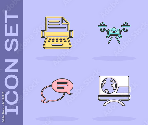 Set Breaking news, Retro typewriter, Speech bubble chat and Drone icon. Vector