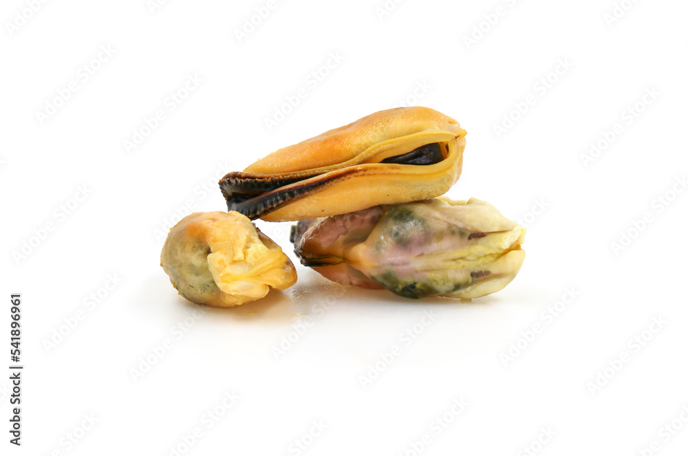mussels without shell isolated on white background. Photos Adobe Stock