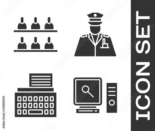 Set Search on computer screen, Jurors, Retro typewriter and Police officer icon. Vector