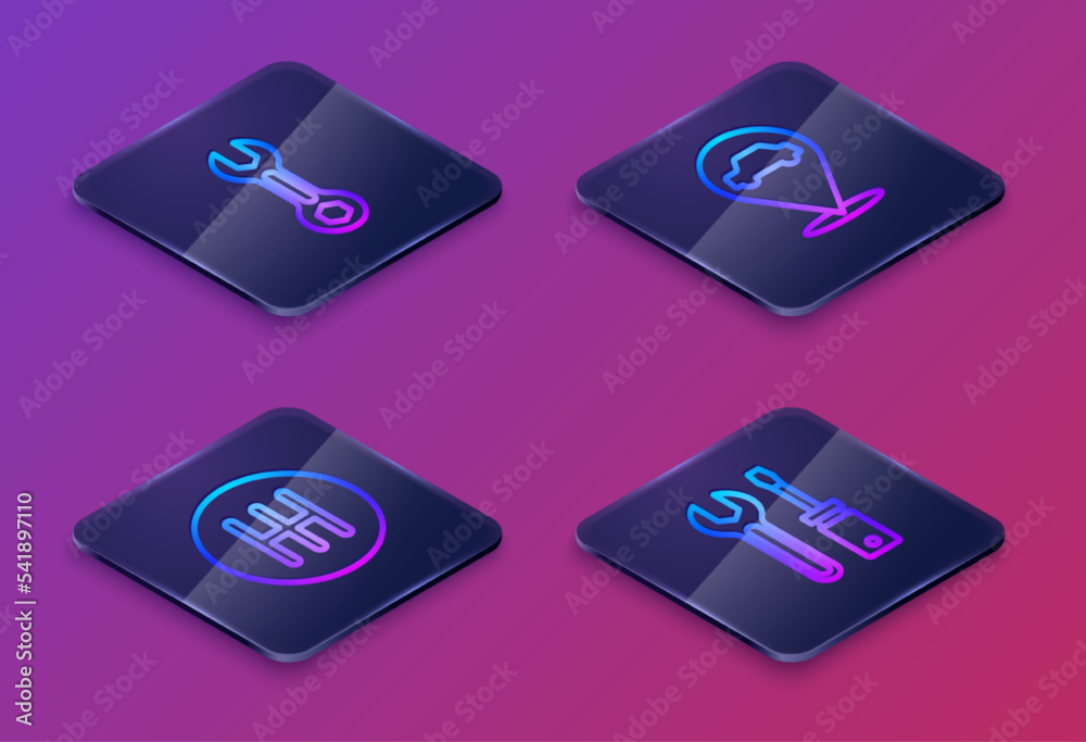 Set Isometric line Wrench spanner, Gear shifter, Location with car service and Screwdriver and wrench. Blue square button. Vector Set Isometric line Wrench spanner, Gear shifter, Location with car service and Screwdriver and wrench. Blue square button. Vector